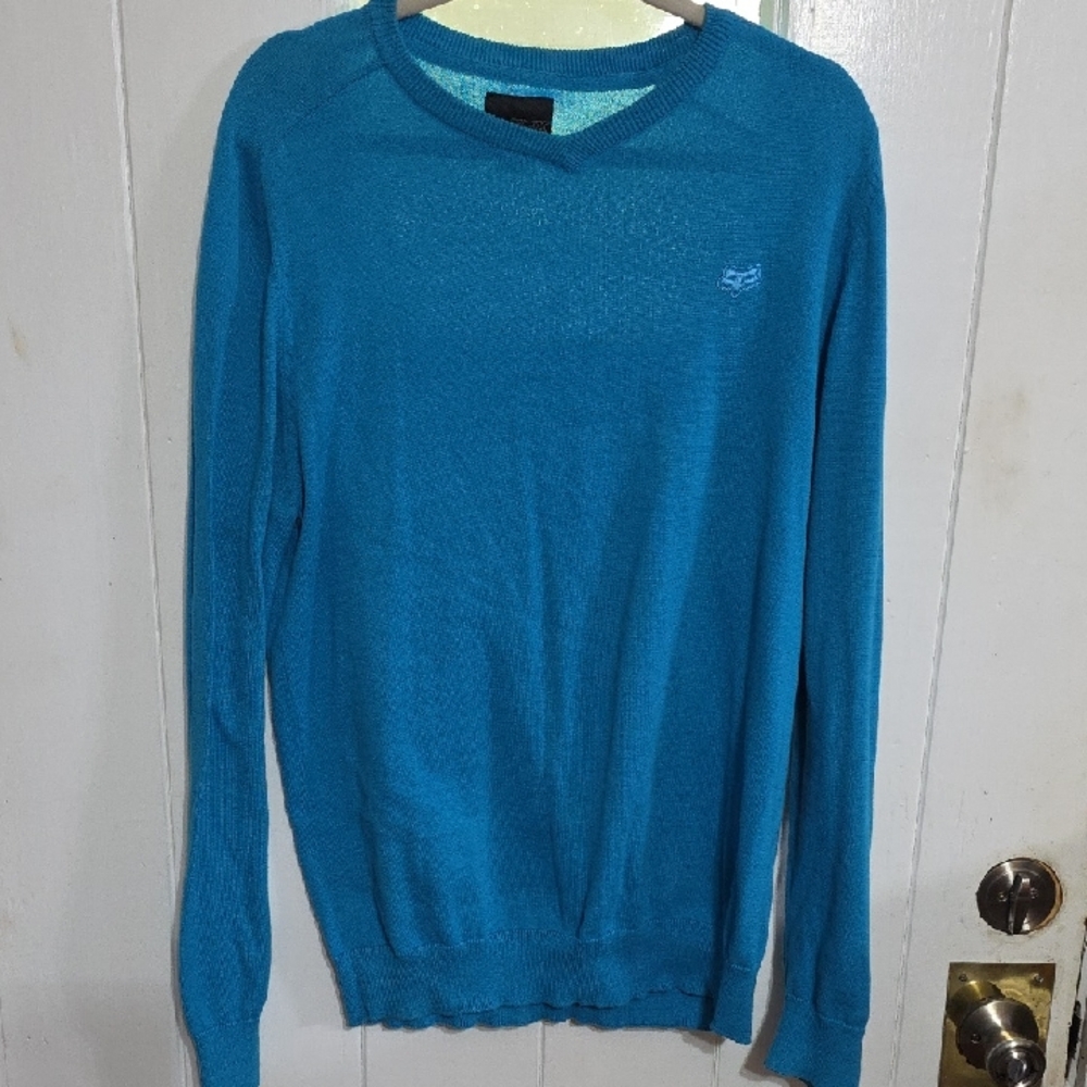 Fox Men's V-Neck Sweater Dark Aqua Embroidered‎ Logo Sz L EUC